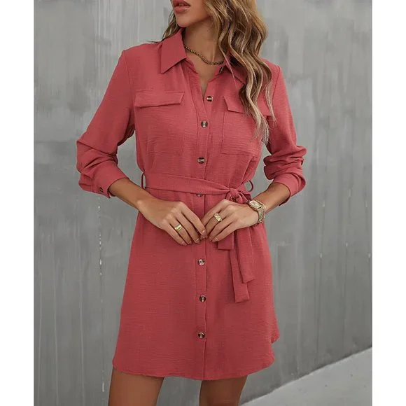 Button Down Belted Long Sleeve Shirt Dress - Picture 3 of 6